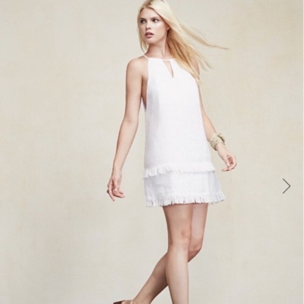 Reformation Lindos white a-line sleeveless tiered fringe hem mini dress linen